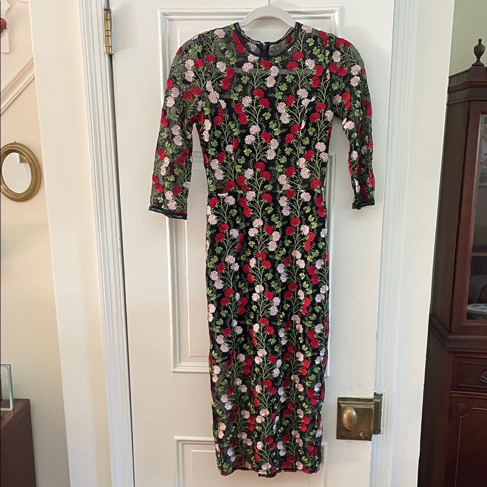 Alexis Floral Miller Sheath Midi Dress Black Red Embroidered Flowers Sheer